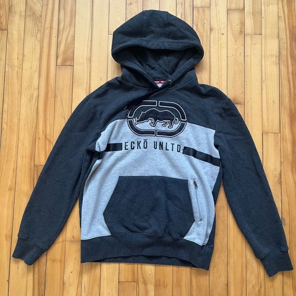 Ecko Unltd Hoodie Sweatshirt Mens M/M Charcoal Grey Rhino Logo Pullover